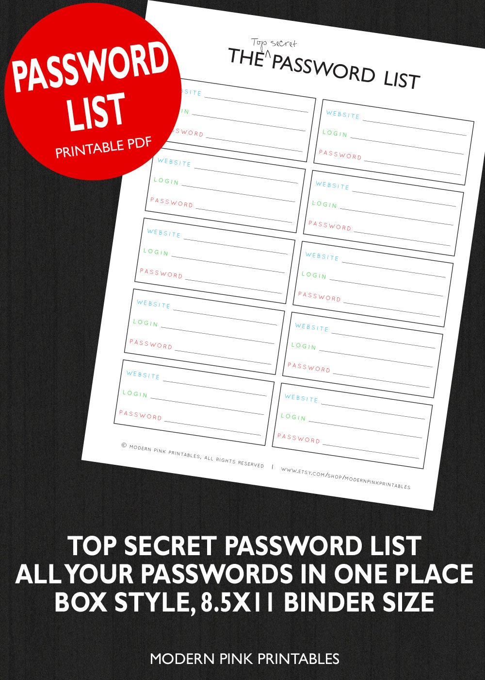 Printable Password Organizer Binder Planner Insert Password