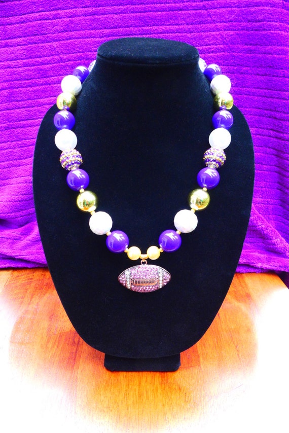 UW Huskies, VIKINGS or LSU Tigers Inspired Purple & Gold Gameday Bubblegum Bead Chunky Necklace, Rhinestone Football (Adult Size - 21.5")