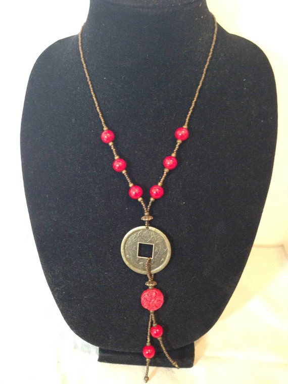 Items similar to Red Beaded Necklace, Chinese Coin Necklace, Red Bamboo ...