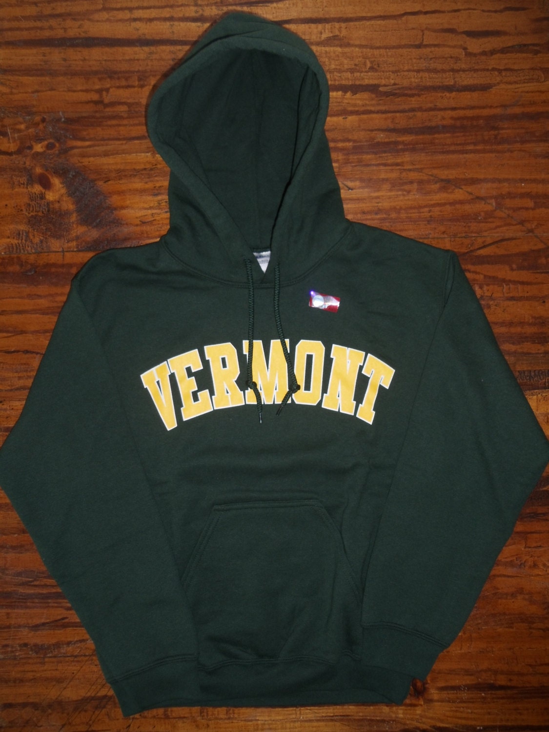 Vermont Hooded Sweatshirt on Forest Green Hoodie with Gold