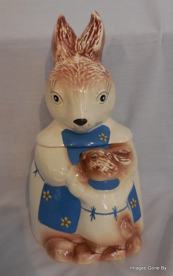 Vintage Mother and Baby Bunny Rabbit Cookie Jar Blue Apron