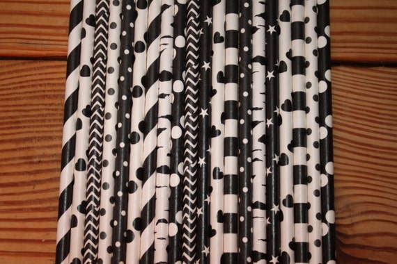 30 Black Paper Straws, assorted patterns, stripes, dots, chevron, spiral, hearts, stars Il_570xn