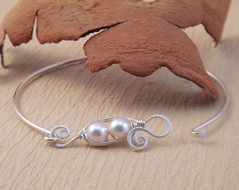 Pea Pod Bangle Bracelet - Pea Pod Jewelry - Silver Peapod Bracelet - Two White Peas in a pod Bracelet