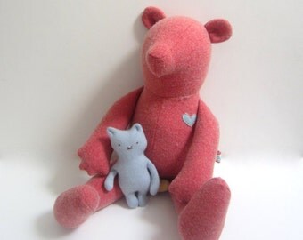 Handmade stuffed Bear doll upcycled Heirloom Teddy Bear Pink Salmon vintage wool soft fabric doll Baby shower gift bubynoa Best Friend
