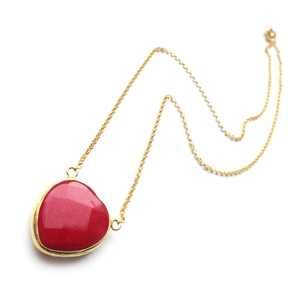 Heart Necklace With A Red Jade Stone