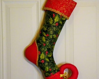 Christmas Stocking with Curly Elf Toe in Holly Print