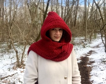 Crochet hooded scarf, red crochet scarf, long scarf with hood, warm winter scarf, crimson scarf with hood, red hooded scarf, crochet scoodie
