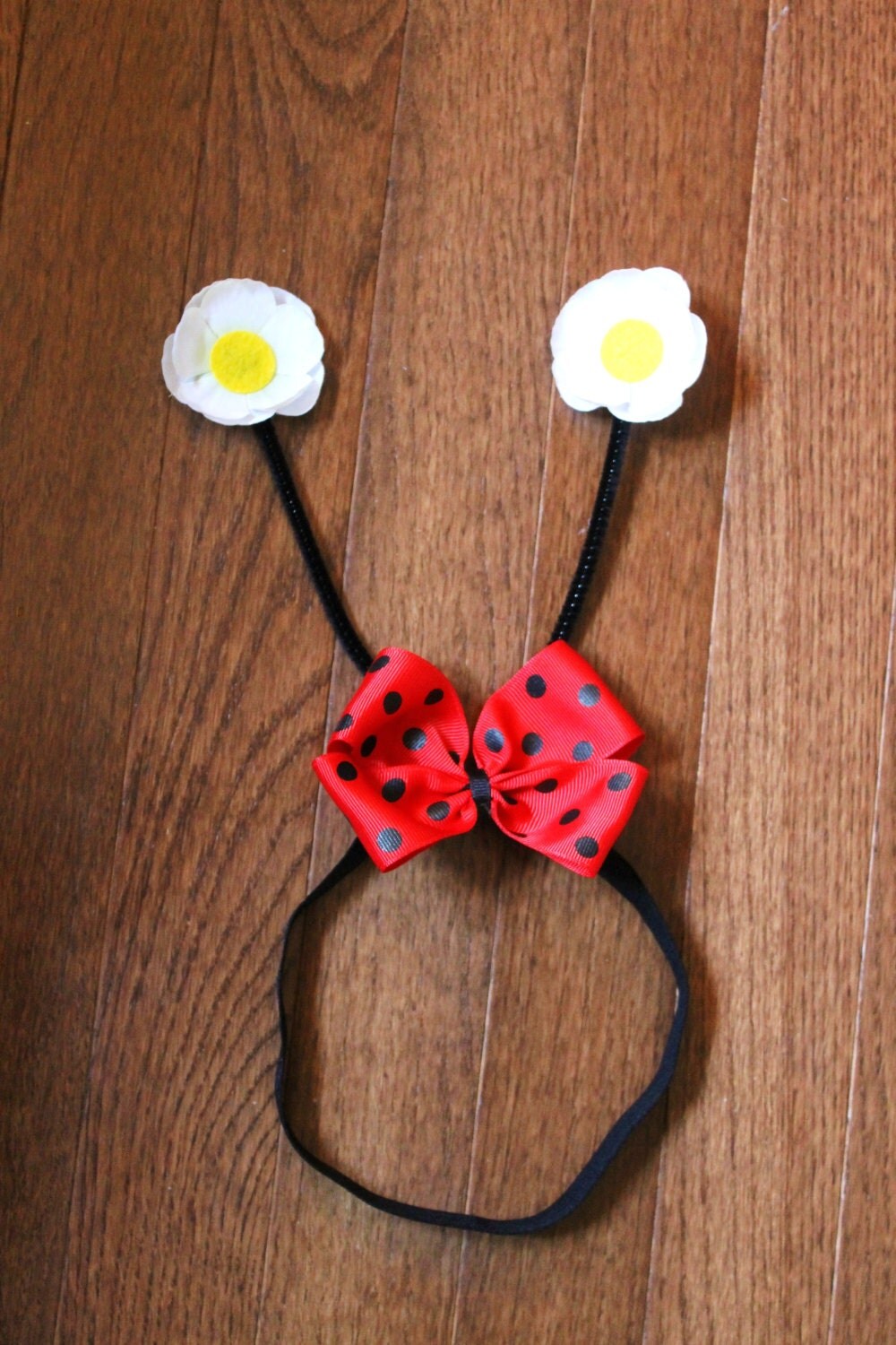 Red and Black Polka Dot Bow Ladybug Antennas Stretch Headband