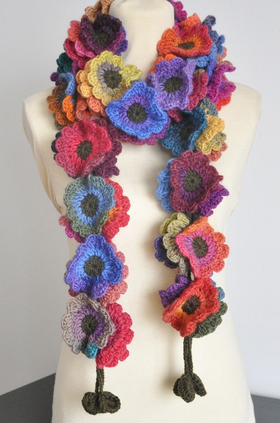 Floral Fall - Long - Multicolor Crochet Flowers long Scarf