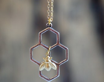 Honey Bee Honeycomb Necklace Beekeeper BEE Beehive Busy Bee