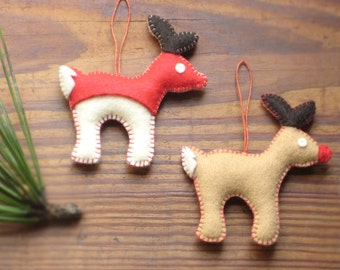 REINDEER Christmas Holidays Eco Ornaments Soft Sculpture with Organic Cotton / Brown, Red, White—Renne noël ornement / Reno Ciervo ornamento