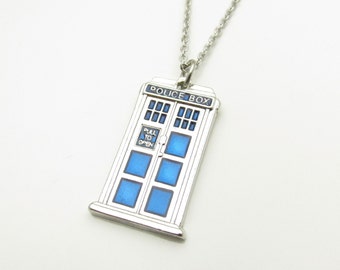 Blue Police Box Necklace, Police Call Box Necklace, Stainless Steel Chain A001
