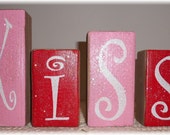 Valentine Blocks Kiss Wood Set Pink And Red With Glitter