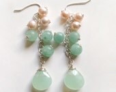 peach round pearl Earrings, Peach boho jewelry, Seafoam Green earrings, Sterling Silver hook dangles, beach wedding accesories, long dangles peach round pearl Earrings, Peach boho jewelry, Seafoam Green earrings, Sterling Silver hook dangles, beach wedding accesories, long dangles