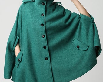 Teal Cape Coat,wool cape, Turquoise wool coat, Winter Poncho, women ponchos, Military coat, cloak, Custom made clothing,Gift for her (1129)