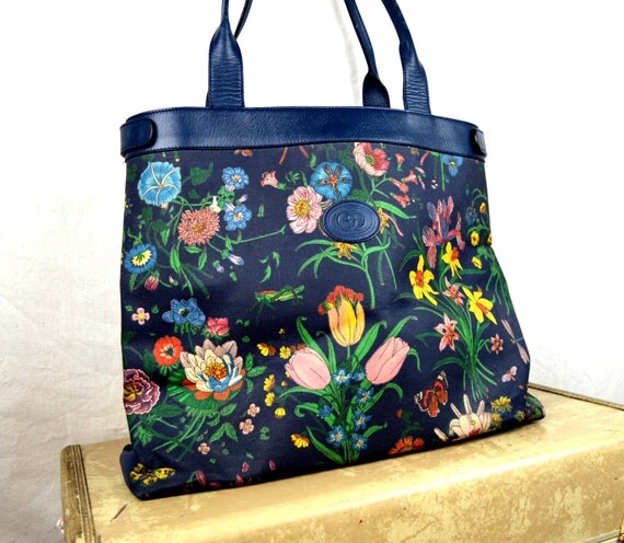 Vintage Gucci Designer RARE Floral Tote Bag Purse