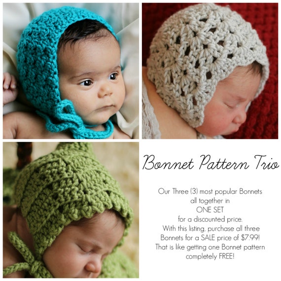 Crochet PATTERNS Baby Child BONNET Sale 3 in 1 by TooCuteCrochet