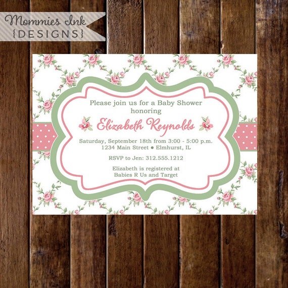 Shabby Style Pink Cottage Roses Baby Shower Invite, Rose Invitation, Shower Invitation, Floral Shower Invitation, Pink Roses Invite Il_570xn