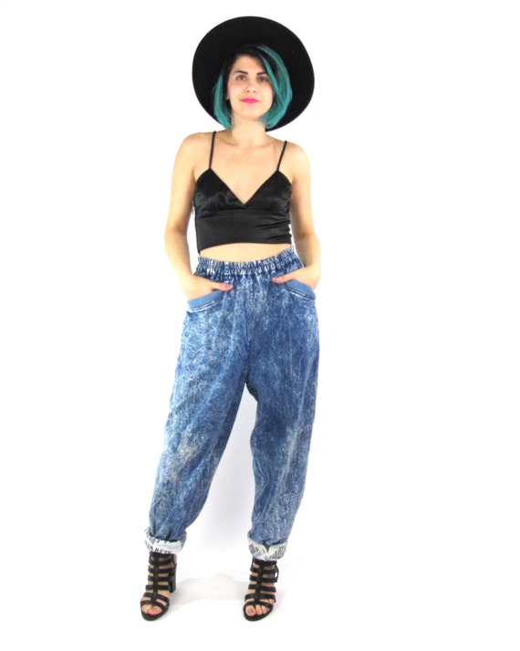 80s Acid Wash Baggy Jeans Tapered Leg Loose Fit Mom Jeans Blue
