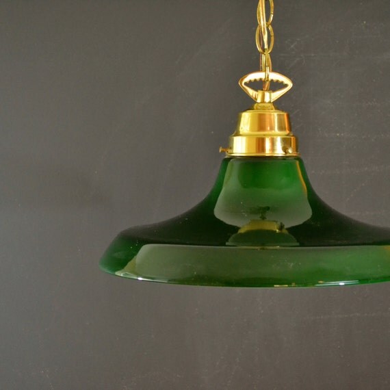 LARGE Green Glass Hanging Light Fixture Wired In Fixture
