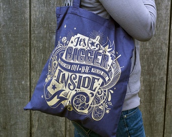 Doctor Who Tote Bag // Bigger On The Inside TARDIS Bag // Hand Screen Printed // TARDIS Blue Cotton Gallifreyan Bag with Metallic Gold Ink
