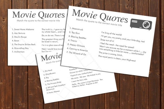 Movie Quotes Trivia Game 12 Cards Printable Instant