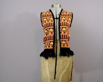 VIntage 70s Sweater Vest // 1970s Hippie Boho Cardigan Halloween Costume Women // Tribal Print Black Fringe // One Size