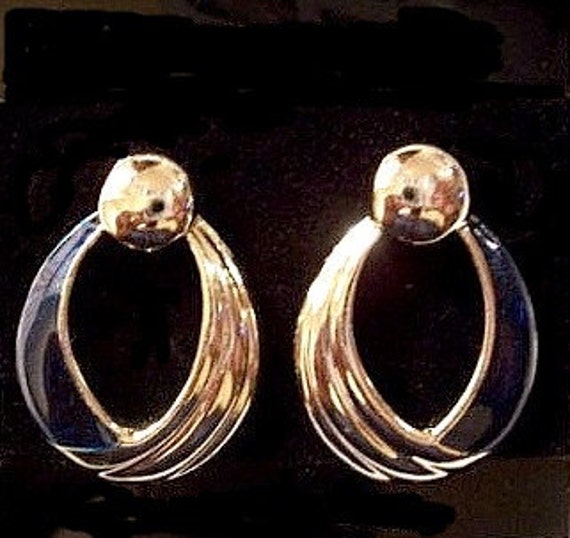 Blue Navy Hoop Pierced Earrings Gold Tone Vintage Oval Large