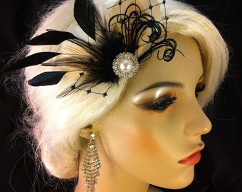 Champagne Feather Hair Clip, Wedding Hair Clip, Bridal, Prom, Wedding Hairpiece, Great Gatsby, Bridesmaid, Champagne and Black, COLOR CHOICE