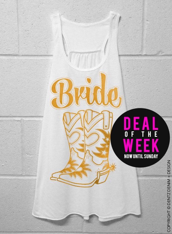 Cowgirl Boots Bride - White with Gold Flowy Racerback Tank