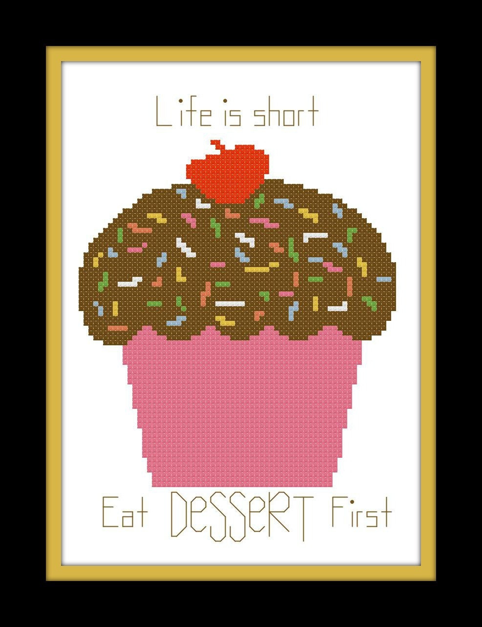 Download Cupcake Cross Stitch Pattern with Phrase Life is short