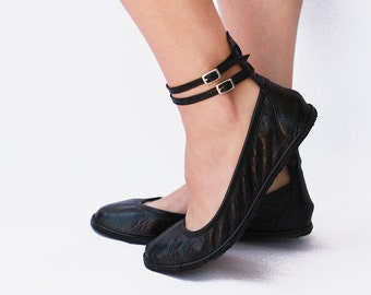 Ballet flats - Handmade Leather ballerinas with two ankle staps - Vintage inspired - Barefoot style - Minimalist soles and CUSTOM FIT
