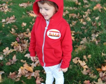 Daniel Tiger's Neighborhood Trolley Patch on Red Zip-Up Hoodie Sweatshirt - Halloween Costume, Birthday Party Outfit, Shirt, Jacket, Sweater