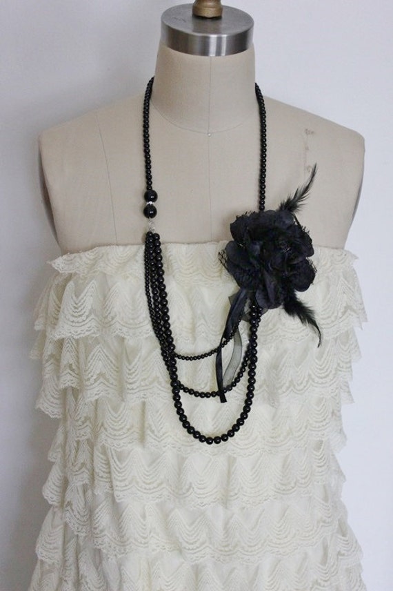 1920s black faux pearl necklace with brooch black pearl NO.135