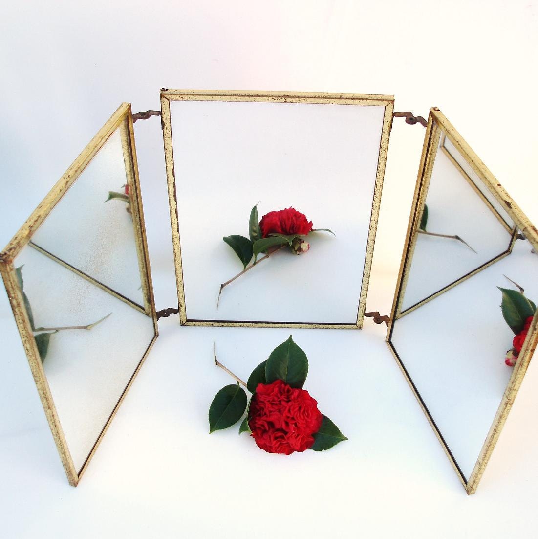 Vintage Tri Fold Mirror Brass 3 Sided Folding Mirror Metal