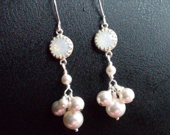 Pearl cluster rhinestone earrings, white pearl dangles, white opal crystal set stone, bright silver, Austrian crystal pearl bridal jewelry