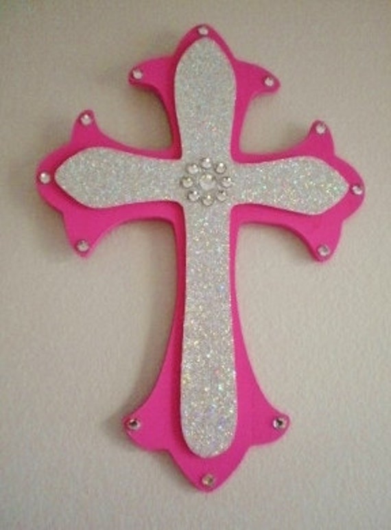 SILVER GLITTER & PINK Wall Cross w/ Bling Decorative Cross