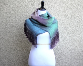 Woven scarf, pashmina scarf, gradient color green blue brown long women scarf with fringe