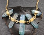 Quintet of Caged Aqua Aura Quartz Necklace - Brass
