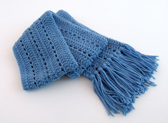 Crochet Blue Neck Scarf with Blue Fringe by Misspamsliltreasures