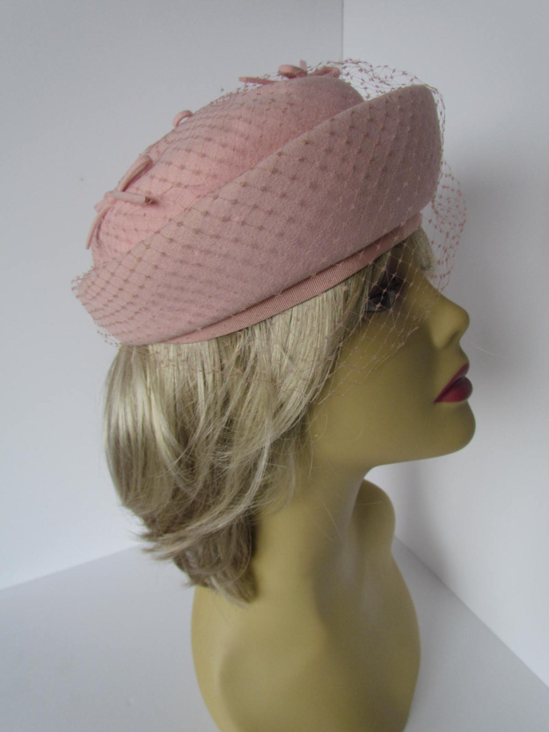 Vintage Pink Pillbox Hat Asymmetrical Fascinator Half Hat With