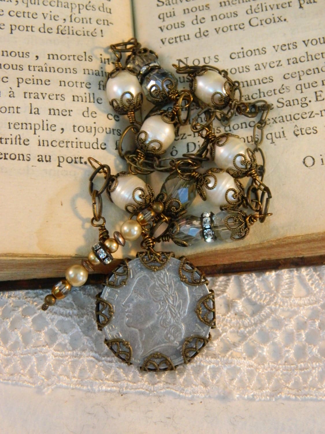vintage repurposed jewelry necklace french coin medal pearl