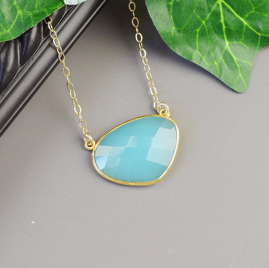 Aqua Chalcedony Necklace Gold Blue Green Chalcedony Pendant