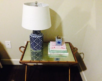 Lamp Classic Blue and White Ginger Jar with White Linen Drum Shade Chinoiserie Oriental Ceramic Porcelain