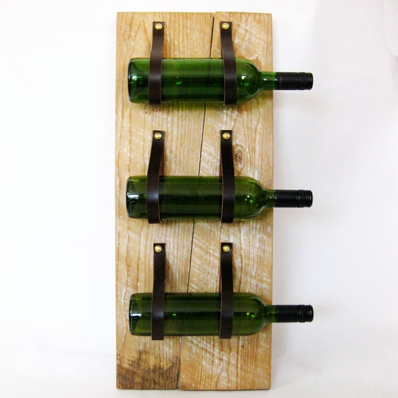 Wine Rack with reclaimed wood and recycled leather 3 Bottle