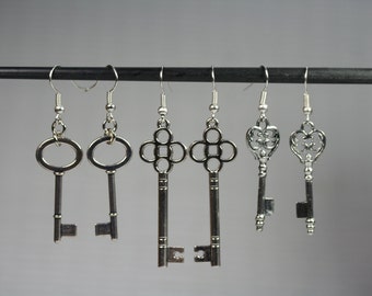 3 Pairs Key Earrings Key Jewelry Key Gifts Skeleton Key Alice In Wonderland Key Silver Keys Silver Key Earrings Tibetan Silver Key Earrings