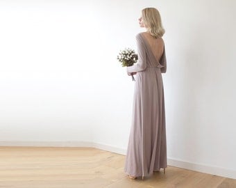Open back maxi taupe dress with long sleeves , Backless maxi taupe gown 1041