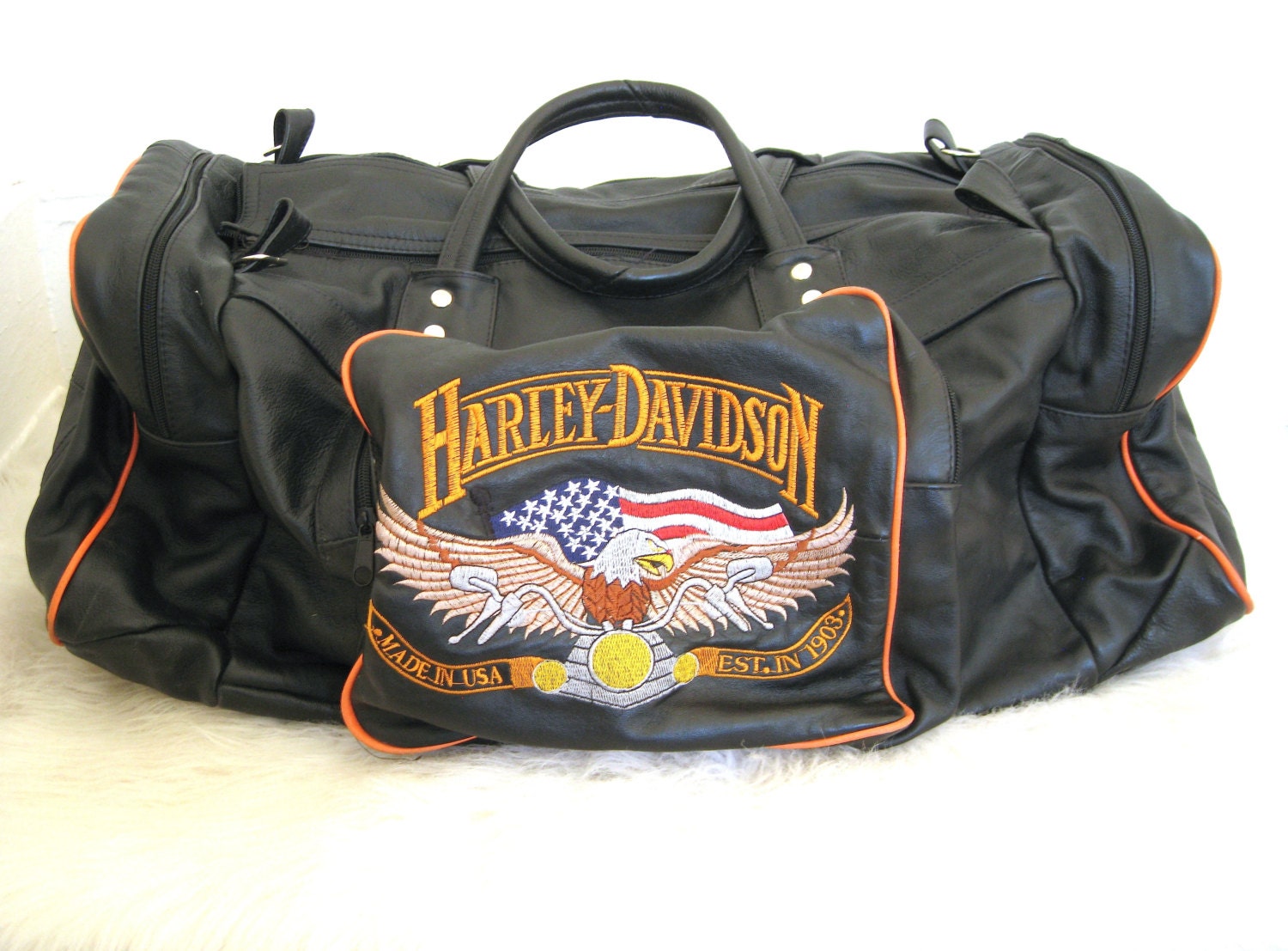 90s Black Leather HARLEY DAVIDSON Duffle Bag Eagle Embroidered