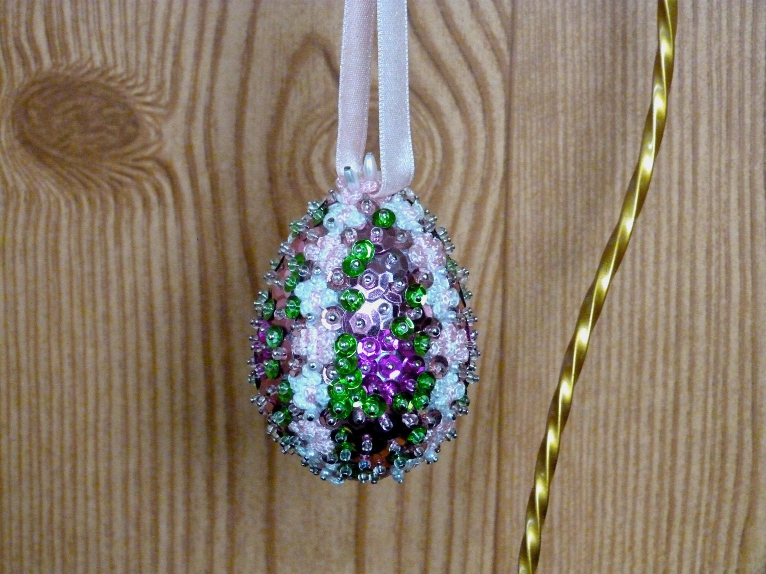 Sequin and Bead Jeweled Ornament Egg Decoration Christmas Easter Holiday Home Decor Handmade Original Pink Green Floral