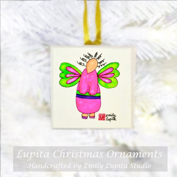 Christmas Ornament: ORIGINAL Watercolor Painting on Canvas - Unique Handmade One of a Kind Christmas Gift Christmas Tree Angel Decoration